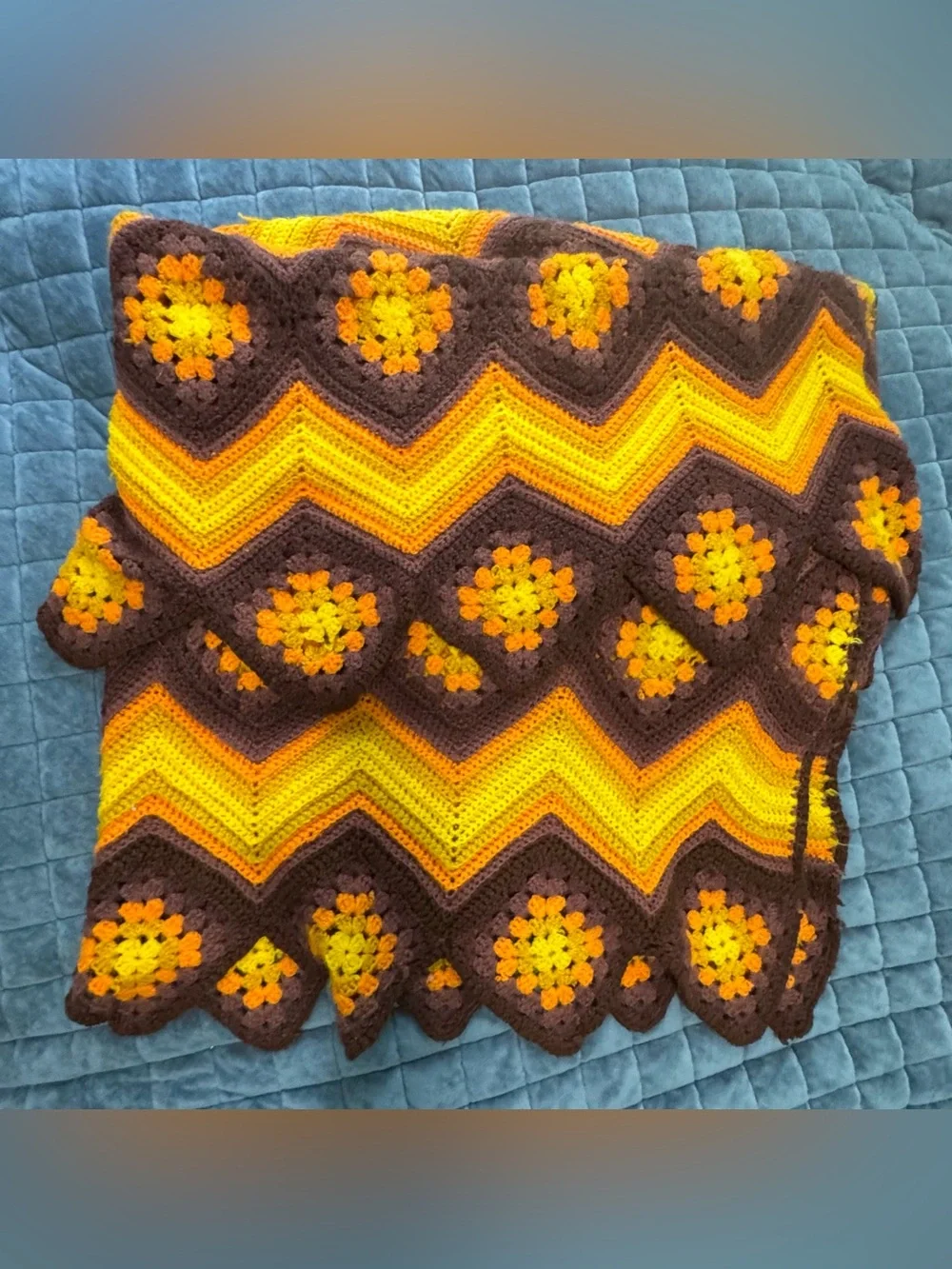 VTG 70s Throw Handmade Crochet Chevron Granny Square Yellow Brown Orange 52